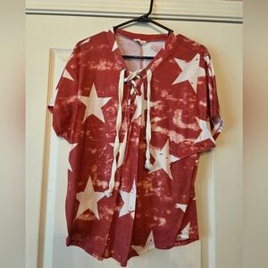 Red Star Patterned Lace-Up Top